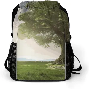 Large Sports Drawstring Backpack Tree with Branch Scenery Printed with Dry-Wet Separation | Digital Print Gym Sack | Waterproof Fabric | Shoe Compartment & PVC Pocket | Hydration Mesh for Fitness, Tra