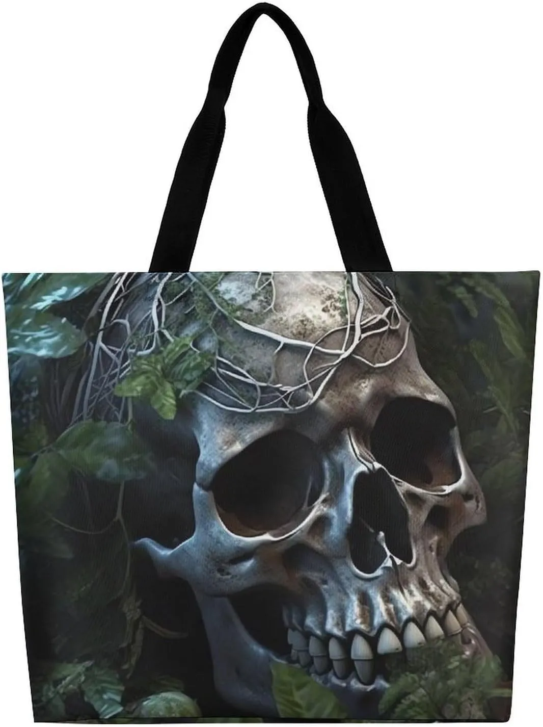 Large Tote Bag Shopping Bag with Handles Green Leaves And Skull Foldable Washable Heavy Duty Waterproof