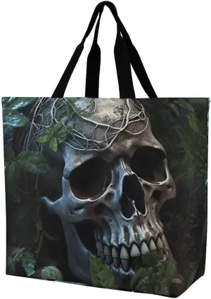 Large Tote Bag Shopping Bag with Handles Green Leaves And Skull Foldable Washable Heavy Duty Waterproof