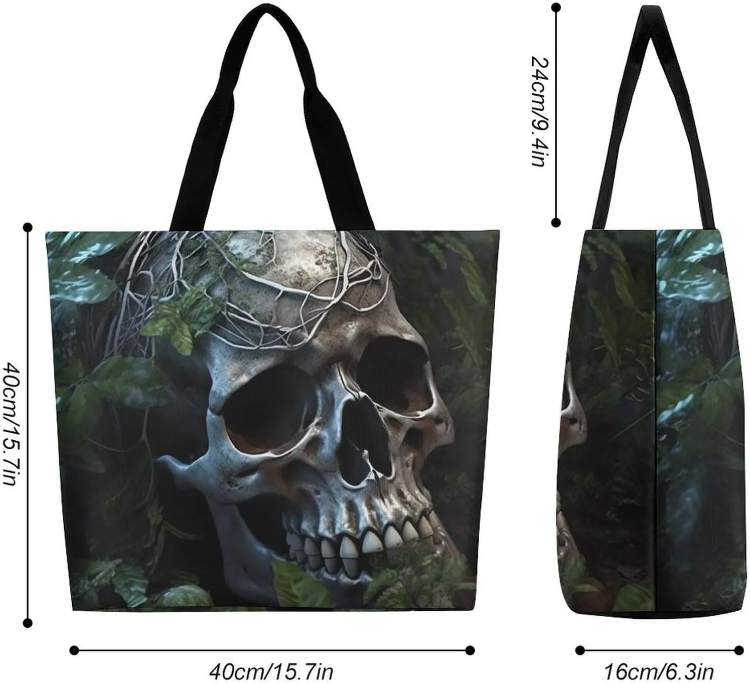 Large Tote Bag Shopping Bag with Handles Green Leaves And Skull Foldable Washable Heavy Duty Waterproof