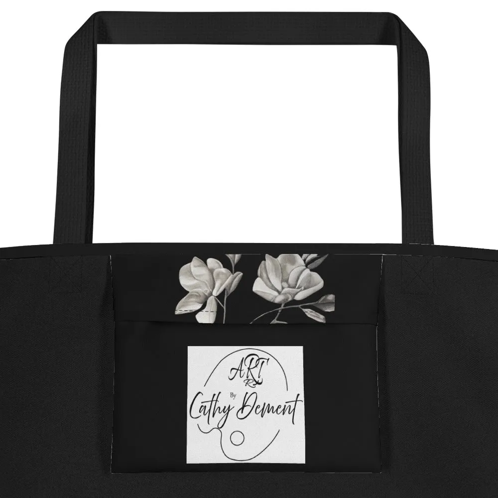 Large Tote Bag With Pocket - Midnight Magnolias - Monochrome Floral Artwork Design