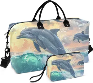 Large Travel Duffel Bag Sports Tote Gym Bag Overnight Weekender Bags Dolphins Jumped Carry On Luggage with Toiletry Bags