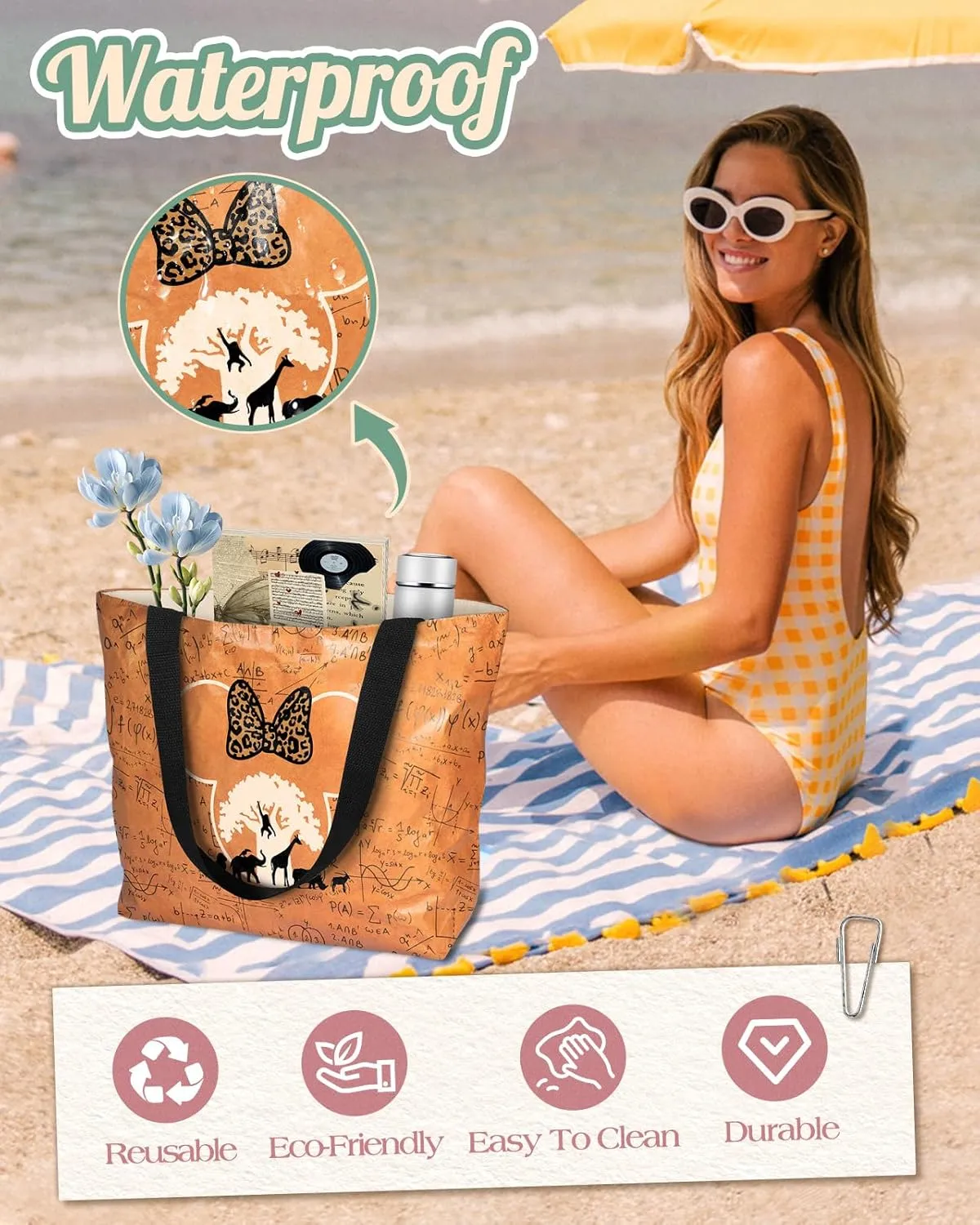 Large Tyvek Tote Bag Aesthetic Beach Bag - Cute Reusable Waterproof Size 19'' ×13'' for Women Girls Shopping, Gym