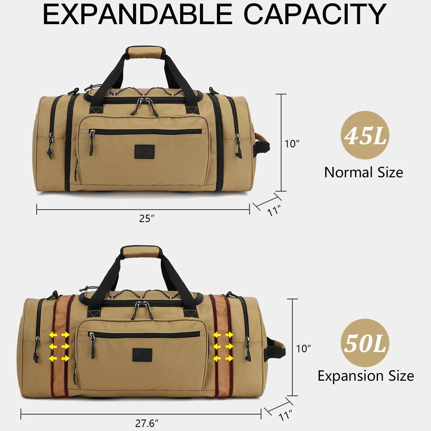 Laripwit Travel Duffle Bag Men with Elastic Mesh Expandable 45-50L Medium Sports Gym Duffel Bag Women with shoulder Strap Multifunctional for Fitness Weekender Overnight Traveling Business Trips Brown