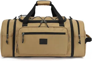 Laripwit Travel Duffle Bag Men with Elastic Mesh Expandable 45-50L Medium Sports Gym Duffel Bag Women with shoulder Strap Multifunctional for Fitness Weekender Overnight Traveling Business Trips Brown