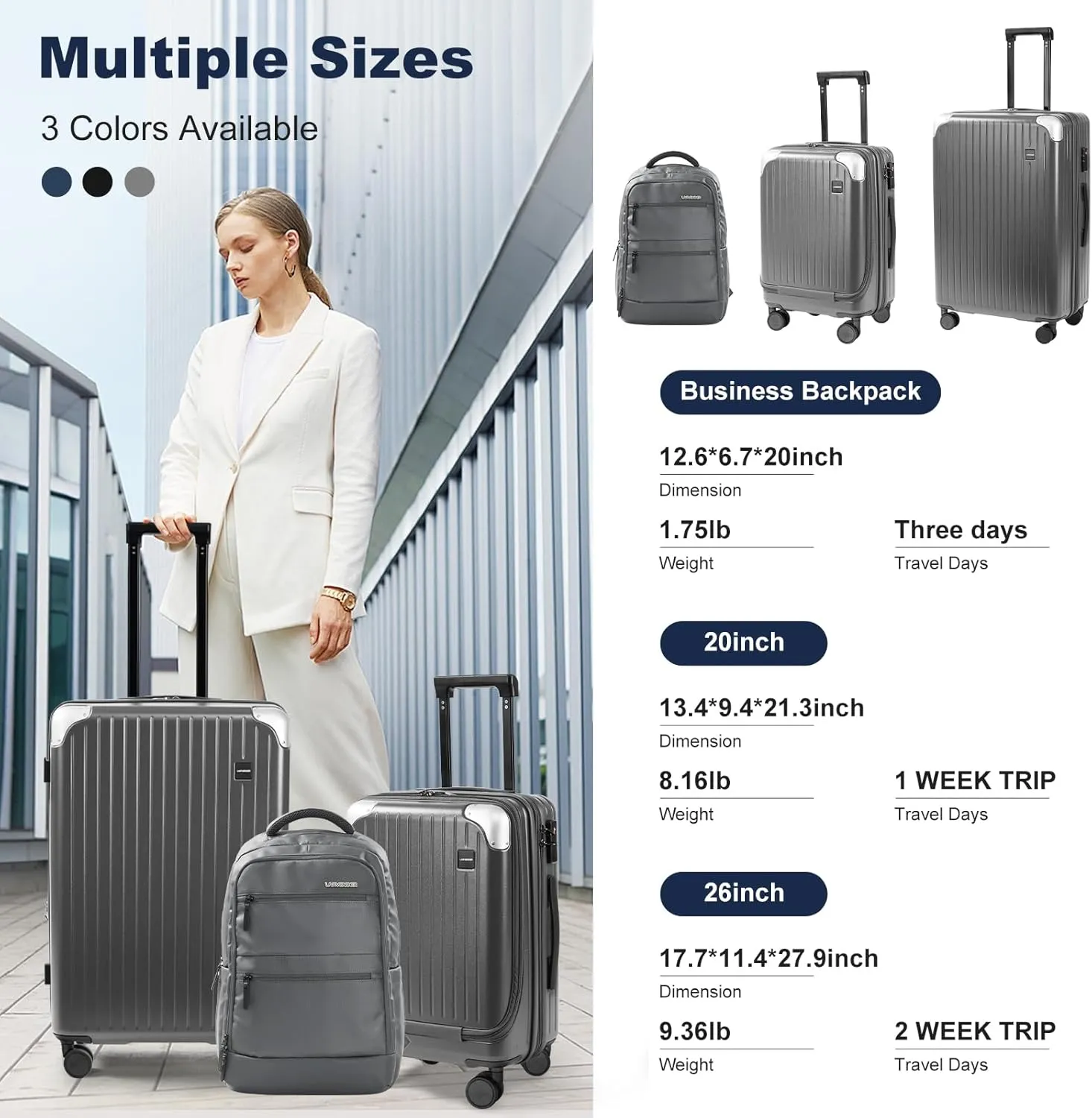 LARVENDER Luggage Sets 3 Piece Expandable 20inch Carry On Luggage Suitcase with Front Pocket, Hardshell 28inch Checked Luggage with Spinner Wheels, TSA Lock for Men & Women, Grey