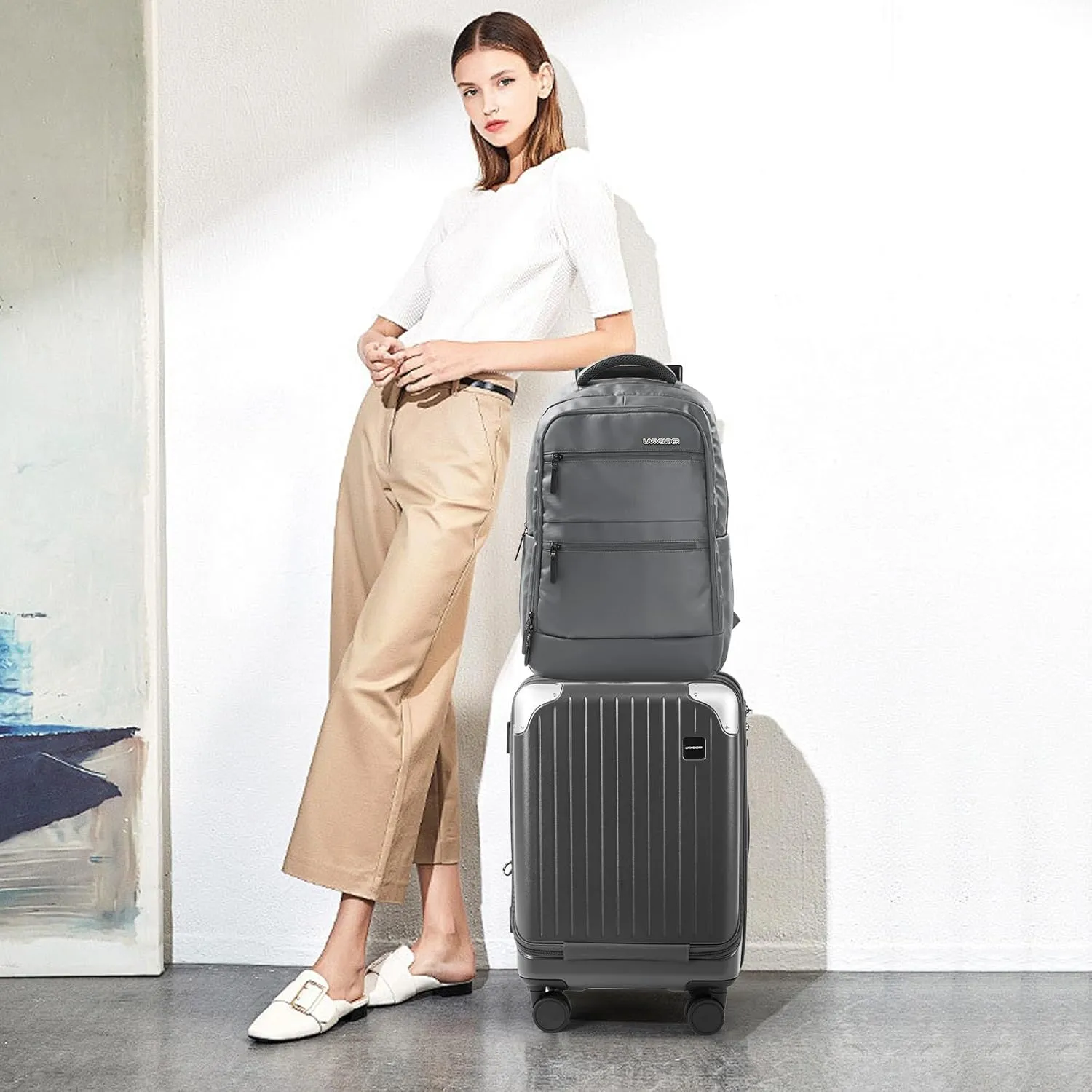 LARVENDER Luggage Sets 3 Piece Expandable 20inch Carry On Luggage Suitcase with Front Pocket, Hardshell 28inch Checked Luggage with Spinner Wheels, TSA Lock for Men & Women, Grey