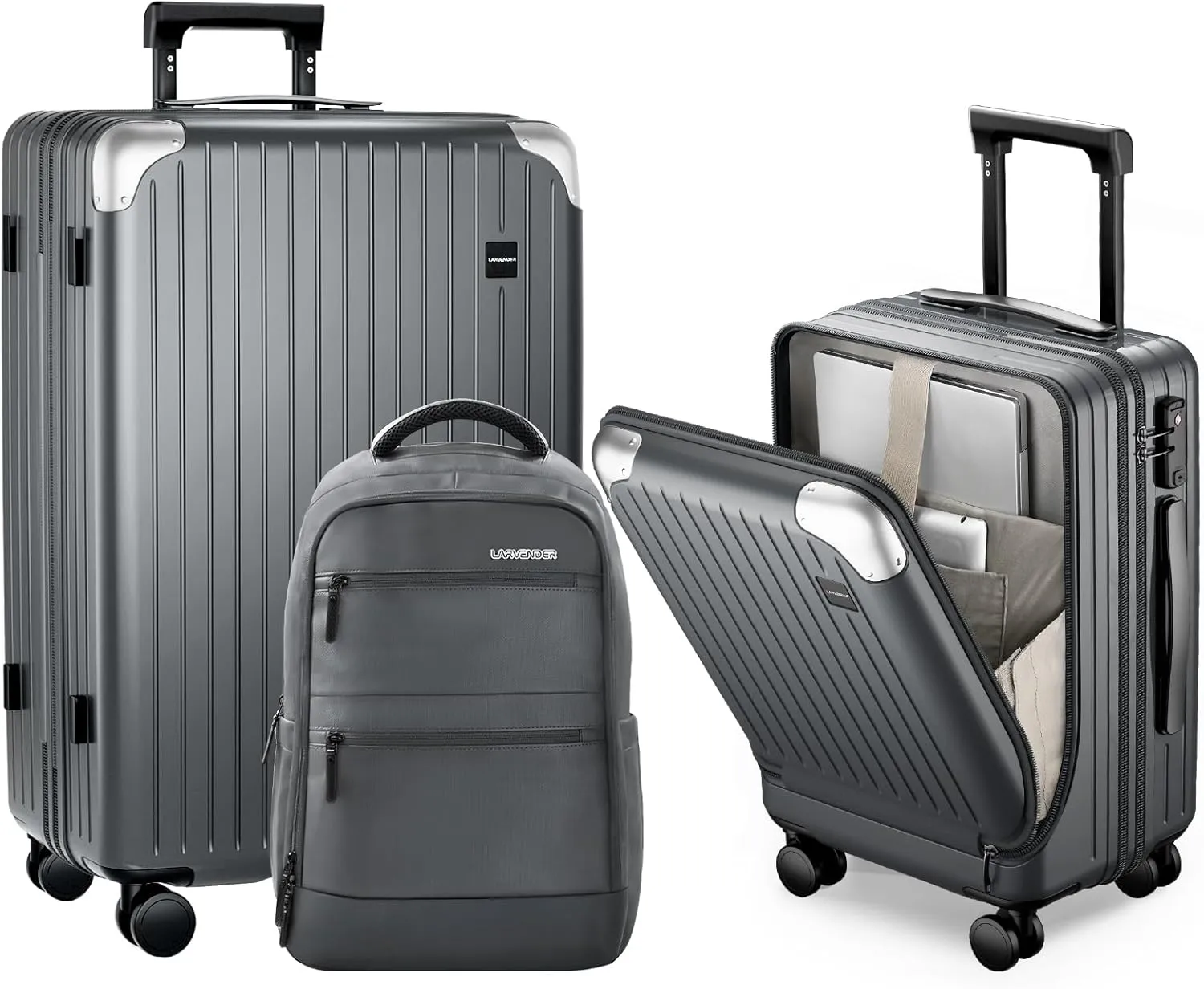 LARVENDER Luggage Sets 3 Piece Expandable 20inch Carry On Luggage Suitcase with Front Pocket, Hardshell 28inch Checked Luggage with Spinner Wheels, TSA Lock for Men & Women, Grey
