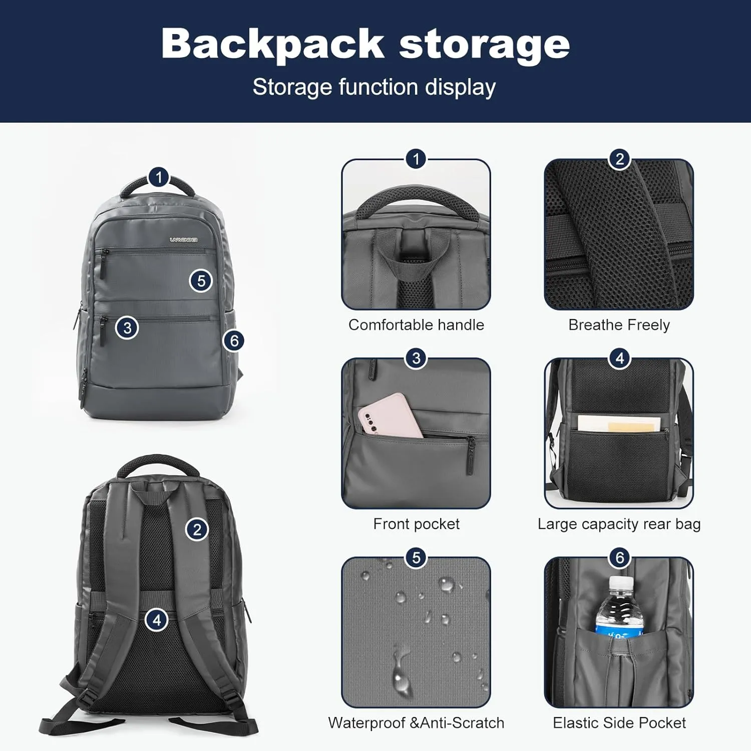 LARVENDER Luggage Sets 3 Piece Expandable 20inch Carry On Luggage Suitcase with Front Pocket, Hardshell 28inch Checked Luggage with Spinner Wheels, TSA Lock for Men & Women, Grey