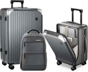 LARVENDER Luggage Sets 3 Piece Expandable 20inch Carry On Luggage Suitcase with Front Pocket, Hardshell 28inch Checked Luggage with Spinner Wheels, TSA Lock for Men & Women, Grey