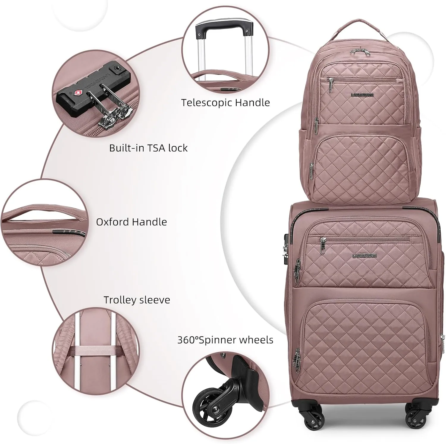 LARVENDER Softside Carry On Luggage 3 Piece, Expandable Carry On Luggage 22x14x9 Airline Approved 20-inch Carry on Suitcase with Spinner Wheels for Men Women, TSA Lock, Pink (20/BP/TB)