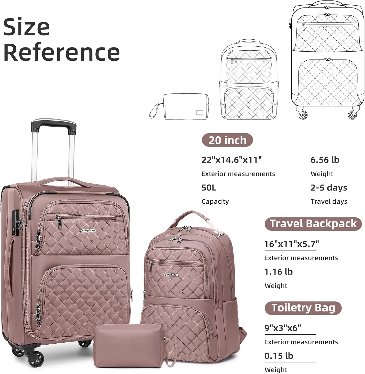 LARVENDER Softside Carry On Luggage 3 Piece, Expandable Carry On Luggage 22x14x9 Airline Approved 20-inch Carry on Suitcase with Spinner Wheels for Men Women, TSA Lock, Pink (20/BP/TB)