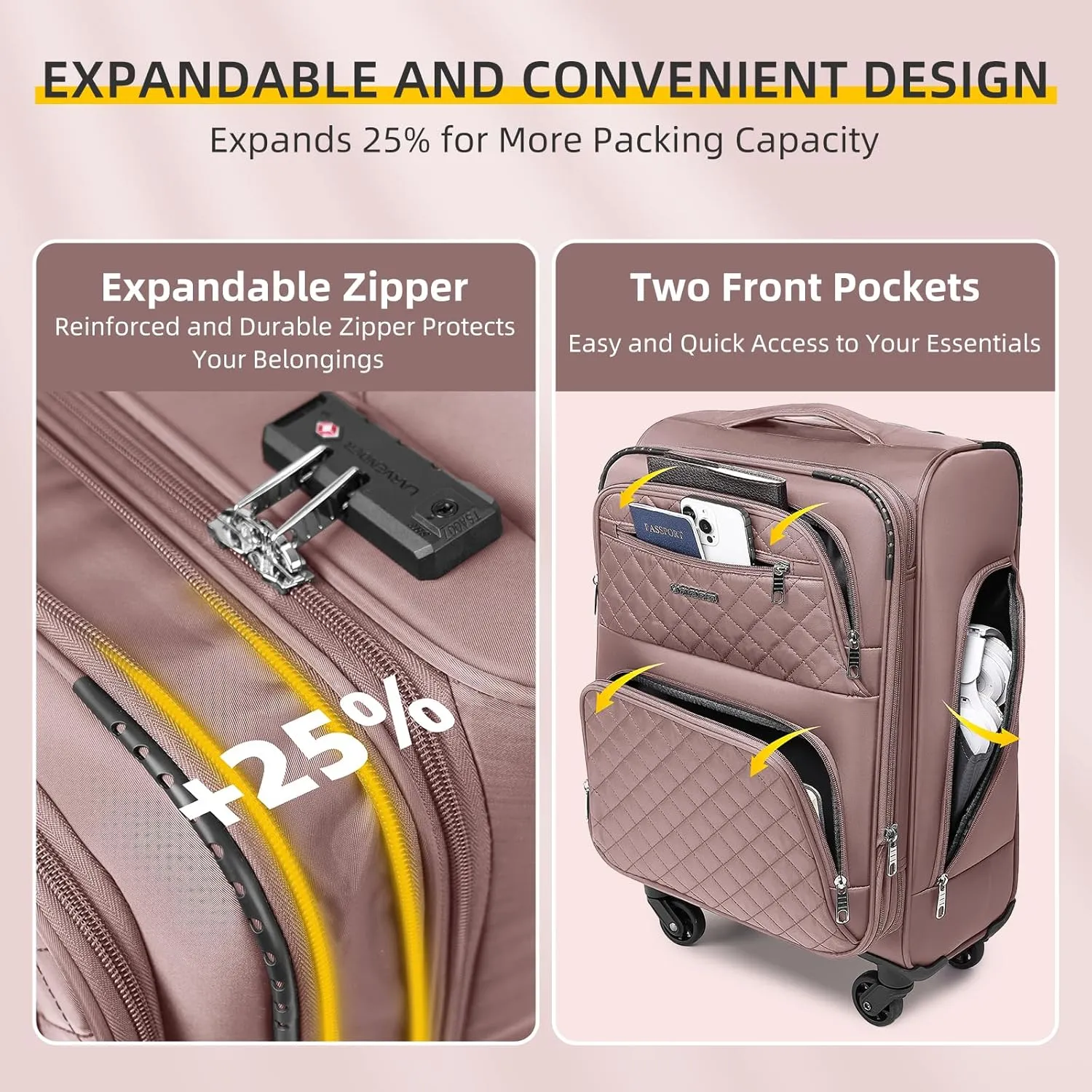 LARVENDER Softside Carry On Luggage 3 Piece, Expandable Carry On Luggage 22x14x9 Airline Approved 20-inch Carry on Suitcase with Spinner Wheels for Men Women, TSA Lock, Pink (20/BP/TB)