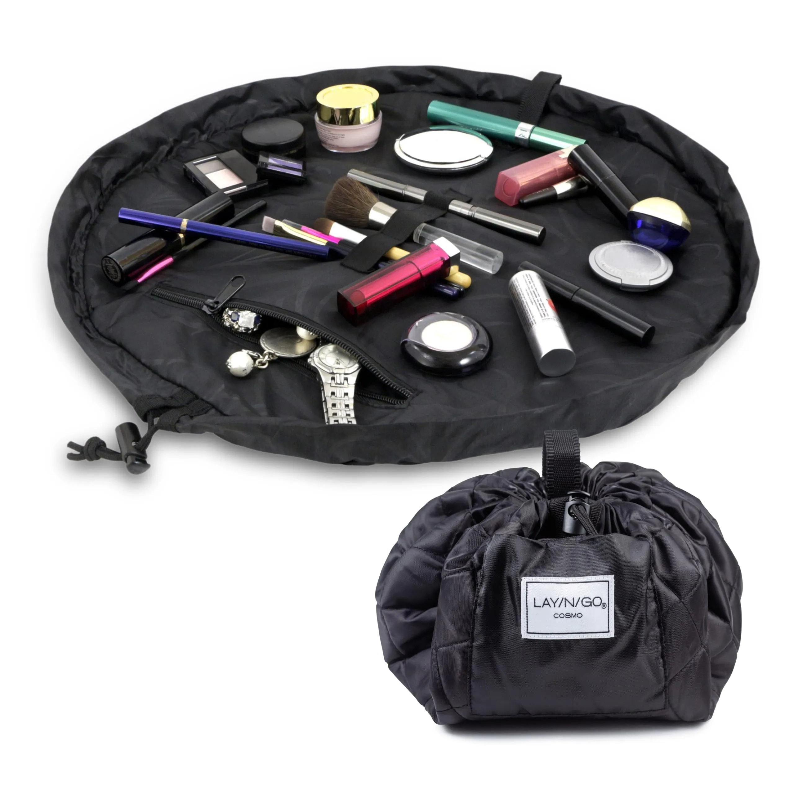 Lay-n-Go Cosmo Drawstring Cosmetic & Makeup Bag Organizer - Portable Drawstring Bag w/Zipper Pocket, Makeup Loops & More - Durable, Machine Washable Toiletry Bag for Travel (20", Black)