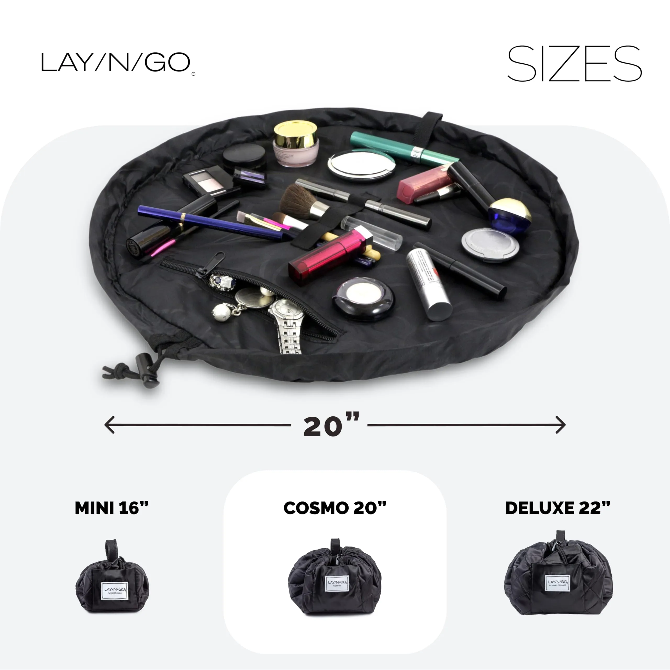 Lay-n-Go Cosmo Drawstring Cosmetic & Makeup Bag Organizer - Portable Drawstring Bag w/Zipper Pocket, Makeup Loops & More - Durable, Machine Washable Toiletry Bag for Travel (20", Black)