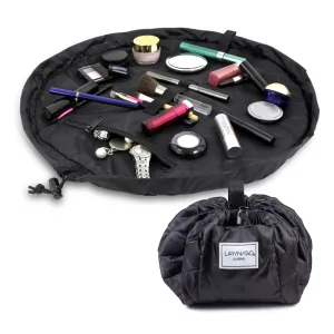 Lay-n-Go Cosmo Drawstring Cosmetic & Makeup Bag Organizer - Portable Drawstring Bag w/Zipper Pocket, Makeup Loops & More - Durable, Machine Washable Toiletry Bag for Travel (20", Black)