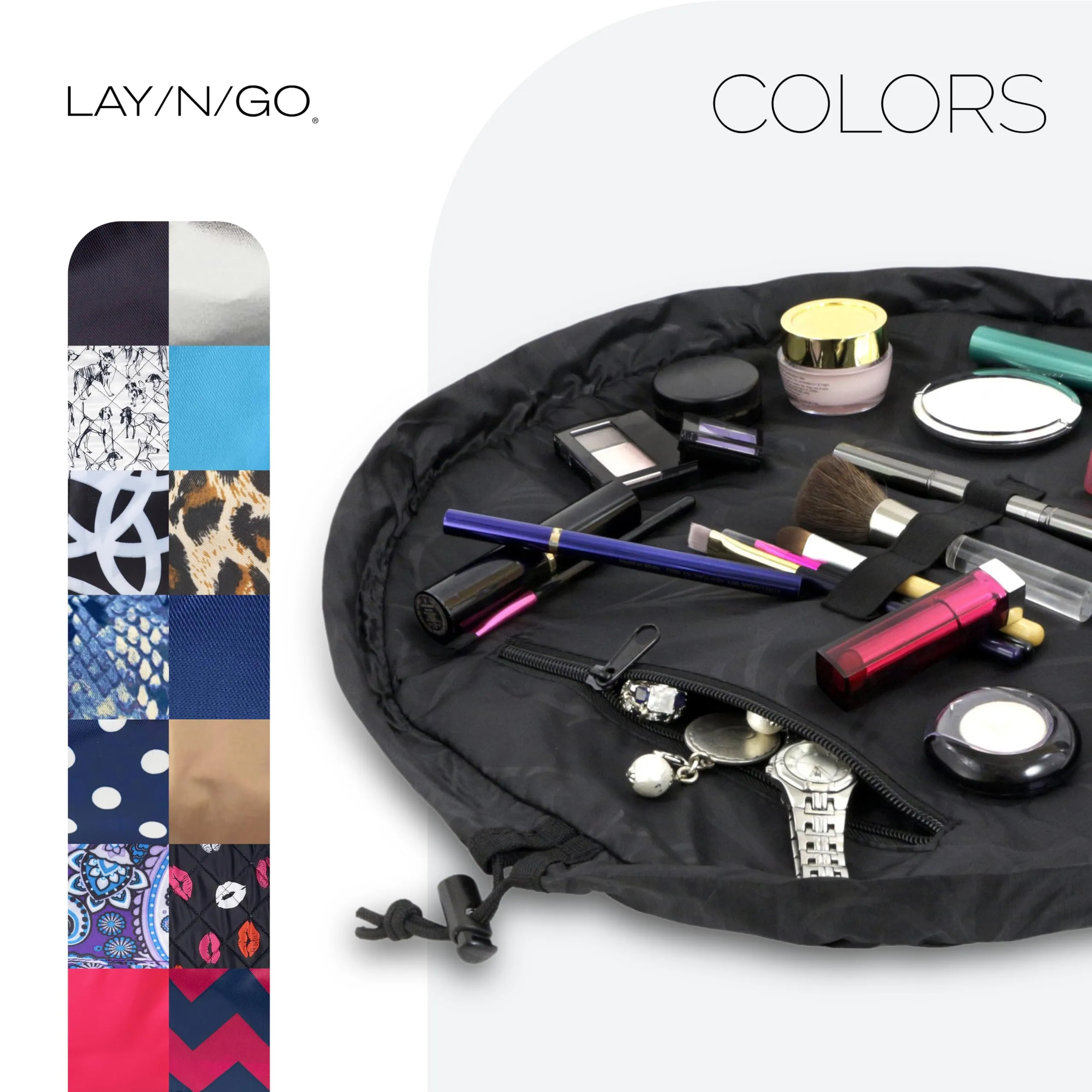 Lay-n-Go Cosmo Drawstring Cosmetic & Makeup Bag Organizer - Portable Drawstring Bag w/Zipper Pocket, Makeup Loops & More - Durable, Machine Washable Toiletry Bag for Travel (20", Black)