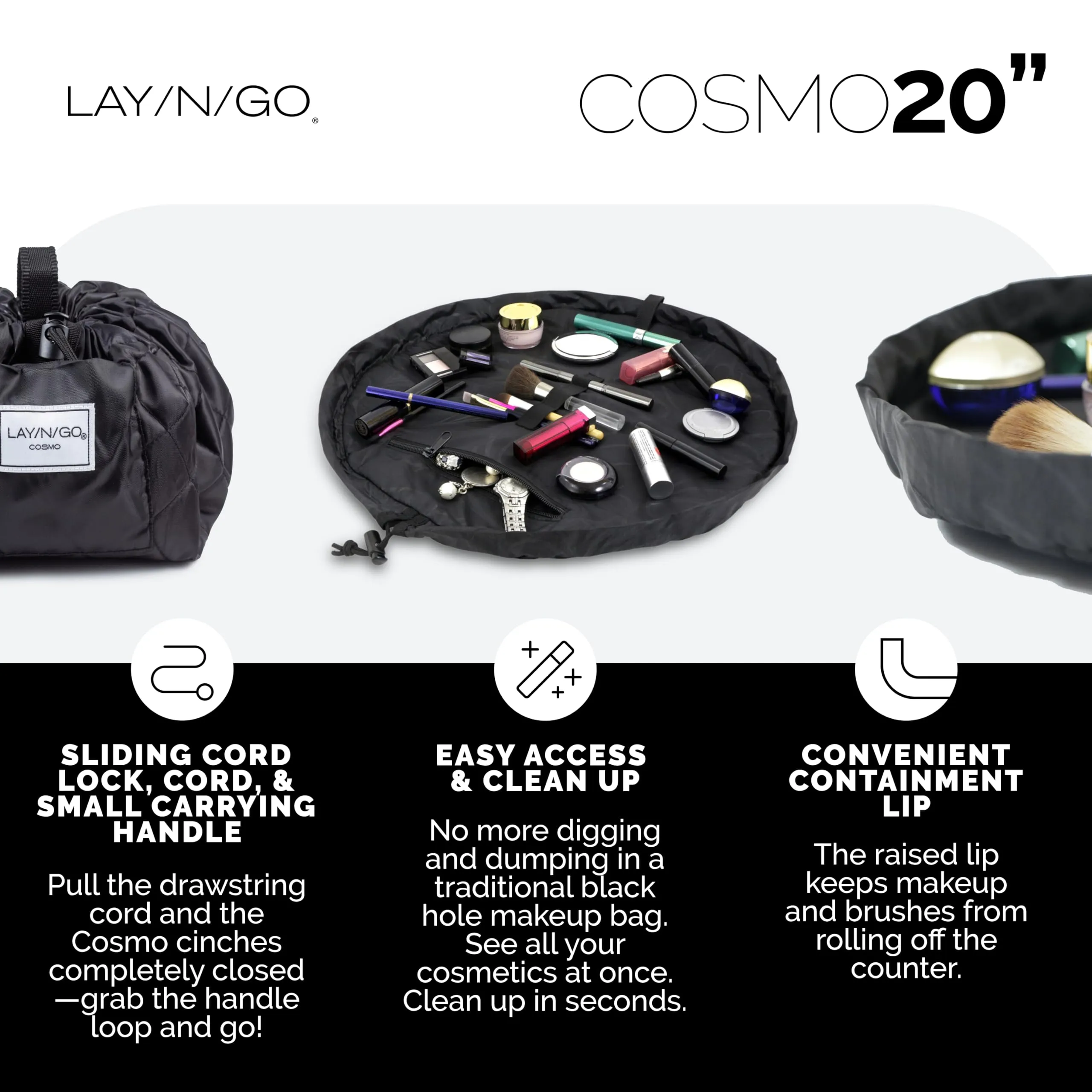 Lay-n-Go Cosmo Drawstring Cosmetic & Makeup Bag Organizer - Portable Drawstring Bag w/Zipper Pocket, Makeup Loops & More - Durable, Machine Washable Toiletry Bag for Travel (20", Black)