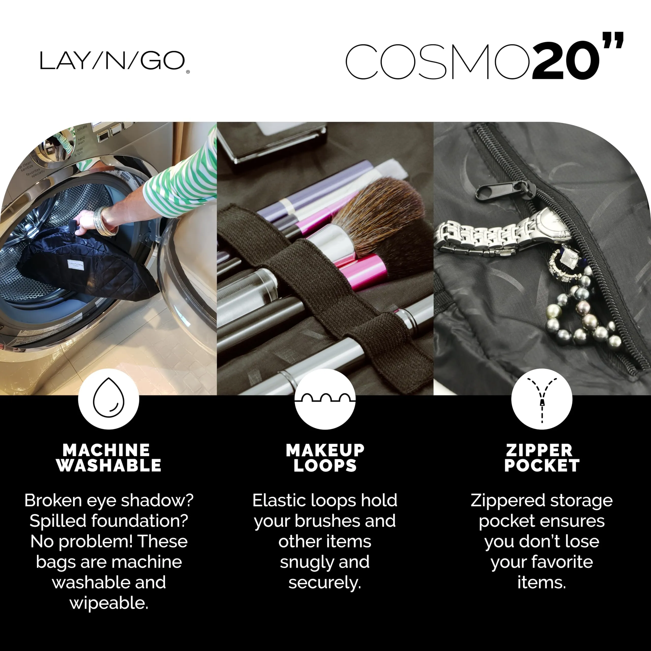 Lay-n-Go Cosmo Drawstring Cosmetic & Makeup Bag Organizer - Portable Drawstring Bag w/Zipper Pocket, Makeup Loops & More - Durable, Machine Washable Toiletry Bag for Travel (20", Black)