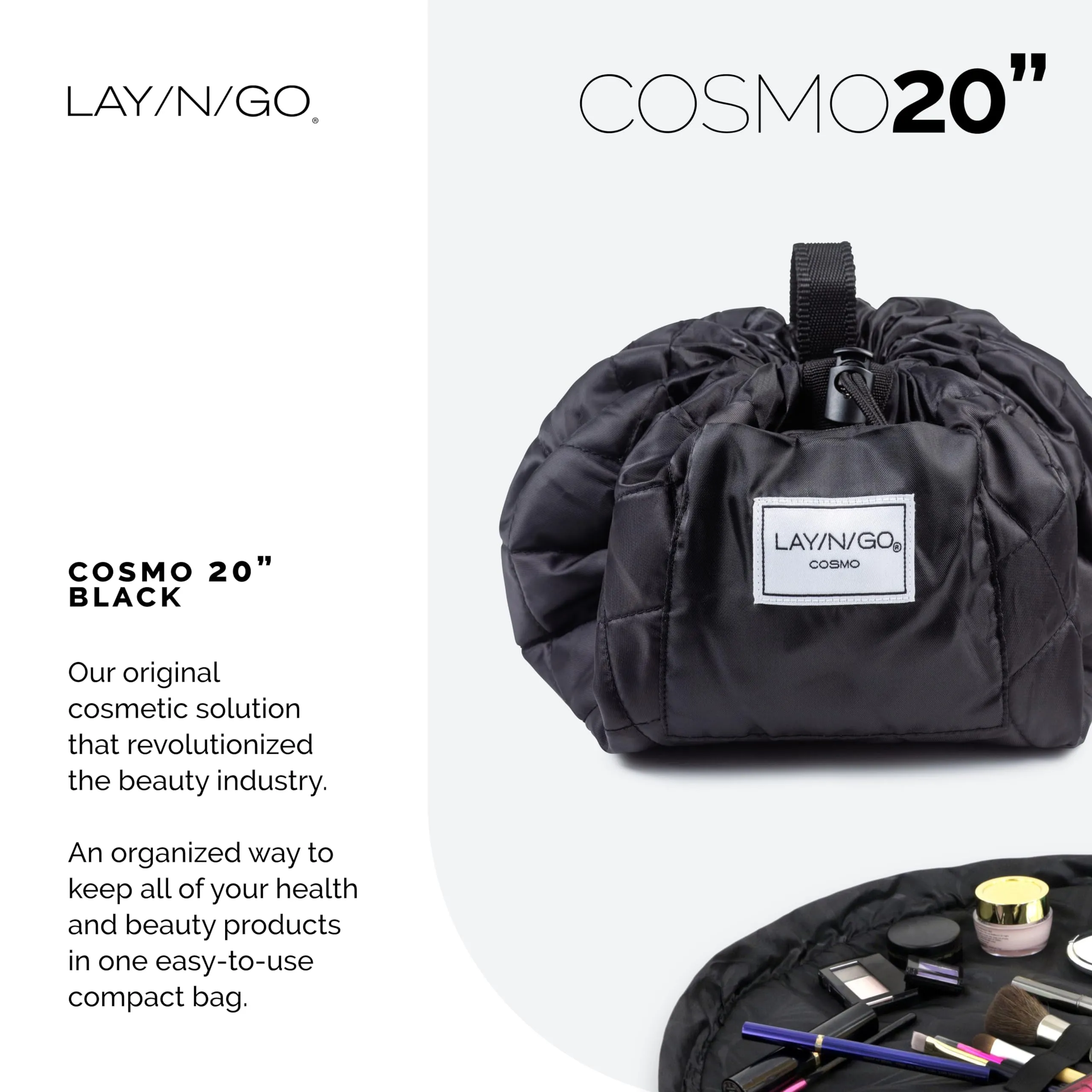 Lay-n-Go Cosmo Drawstring Cosmetic & Makeup Bag Organizer - Portable Drawstring Bag w/Zipper Pocket, Makeup Loops & More - Durable, Machine Washable Toiletry Bag for Travel (20", Black)