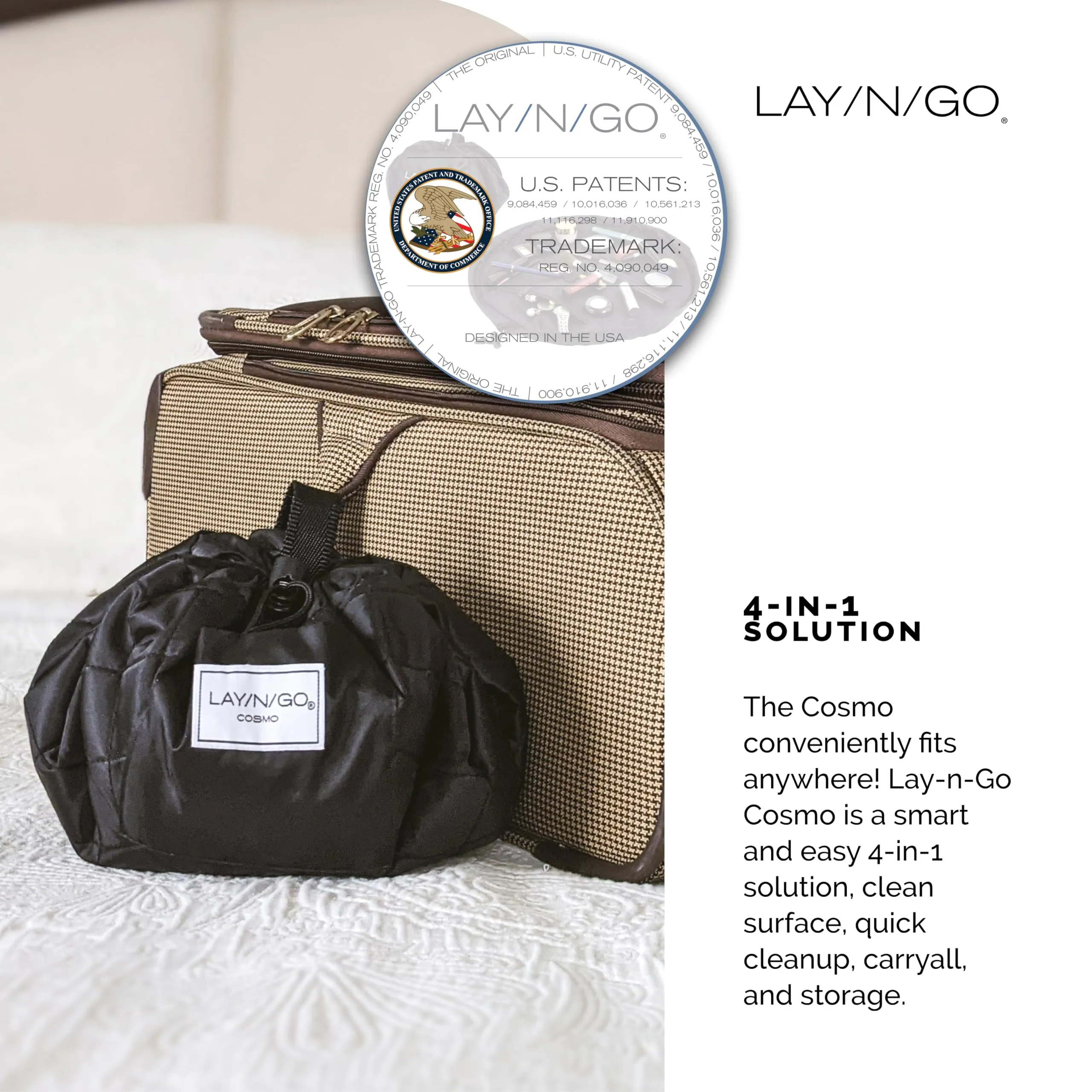 Lay-n-Go Cosmo Drawstring Cosmetic & Makeup Bag Organizer - Portable Drawstring Bag w/Zipper Pocket, Makeup Loops & More - Durable, Machine Washable Toiletry Bag for Travel (20", Black)