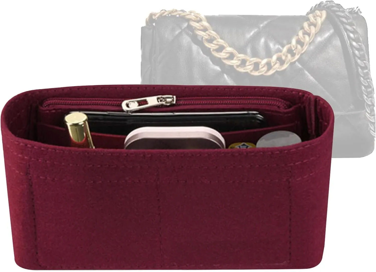 Lckaey Purse Organizer Insert for 19 Bag Flap Small bag Organizer with Side Zipper Pocket 1016Claret-S