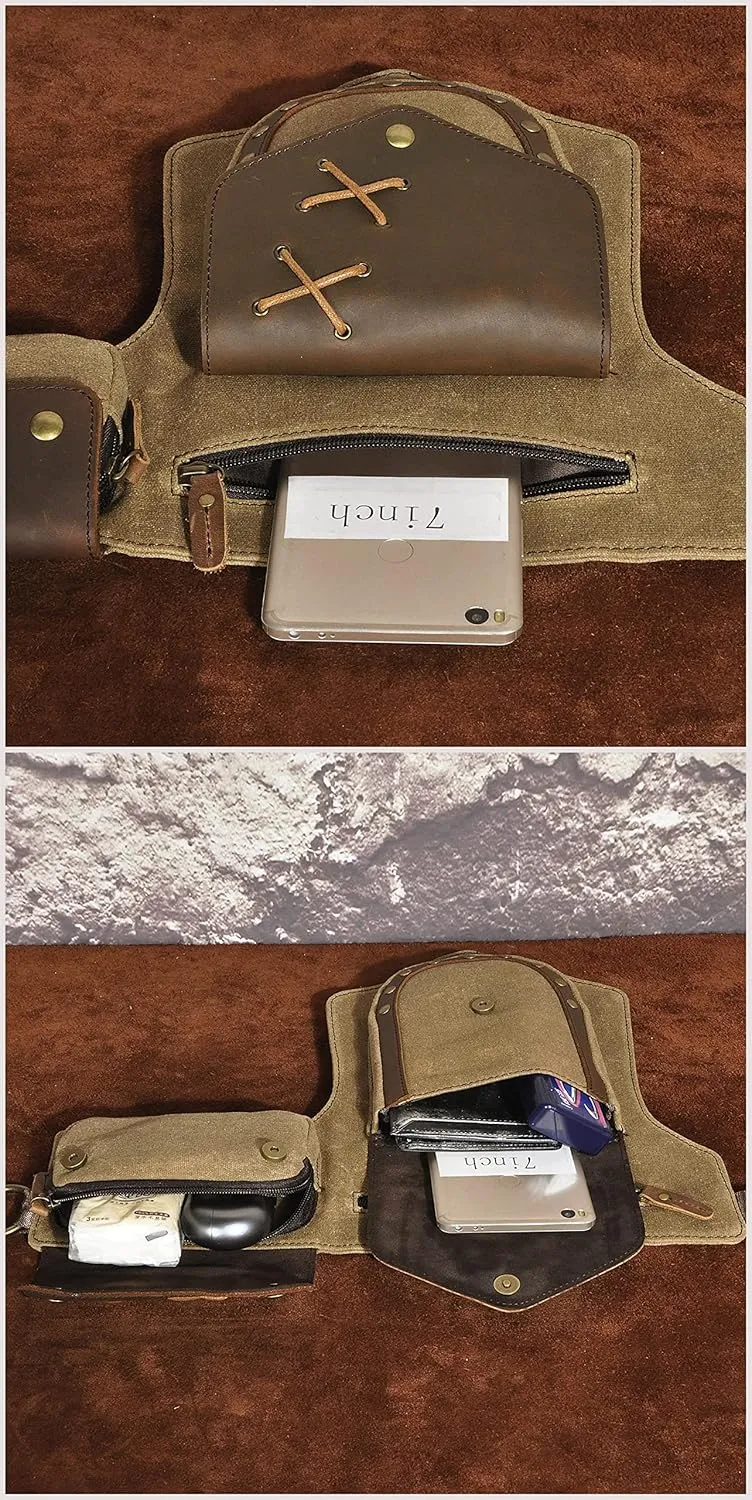 Le'aokuu Men‘s Canvas And Genuine Leather Waterproof Waist Pack Crossbody Chest Bag Bum Bag Hip Pouch Pockets Belt Bag 211-8 (Brown)