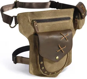 Le'aokuu Men‘s Canvas And Genuine Leather Waterproof Waist Pack Crossbody Chest Bag Bum Bag Hip Pouch Pockets Belt Bag 211-8 (Brown)