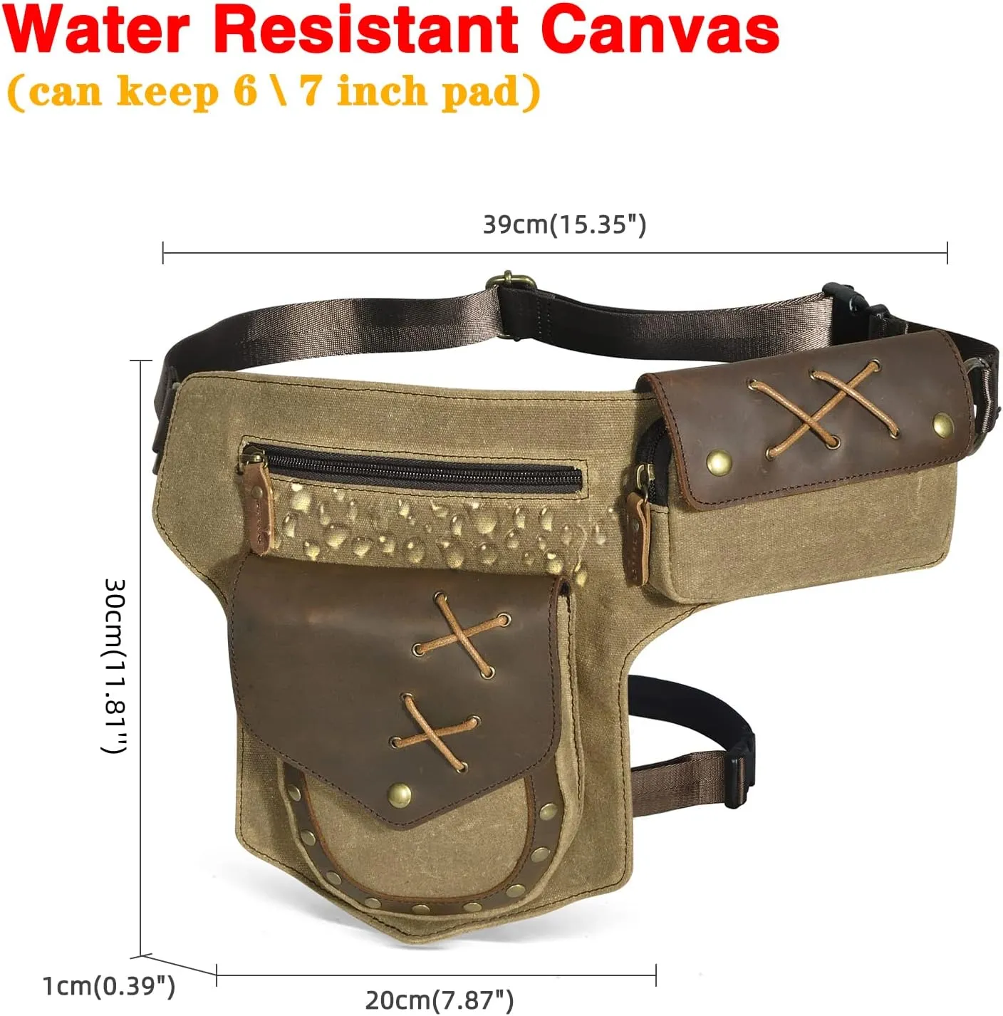 Le'aokuu Men‘s Canvas And Genuine Leather Waterproof Waist Pack Crossbody Chest Bag Bum Bag Hip Pouch Pockets Belt Bag 211-8 (Brown)