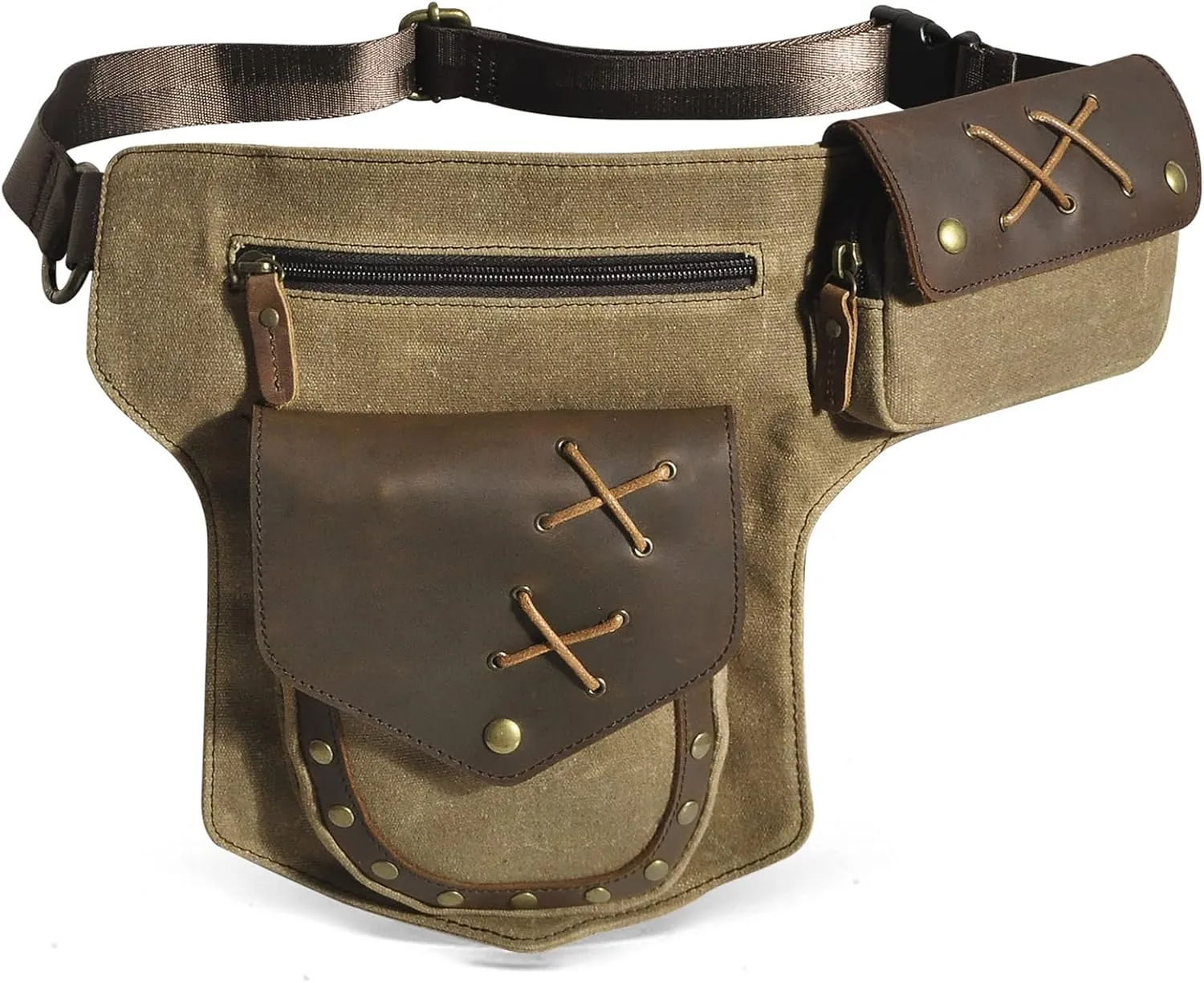 Le'aokuu Men‘s Canvas And Genuine Leather Waterproof Waist Pack Crossbody Chest Bag Bum Bag Hip Pouch Pockets Belt Bag 211-8 (Brown)