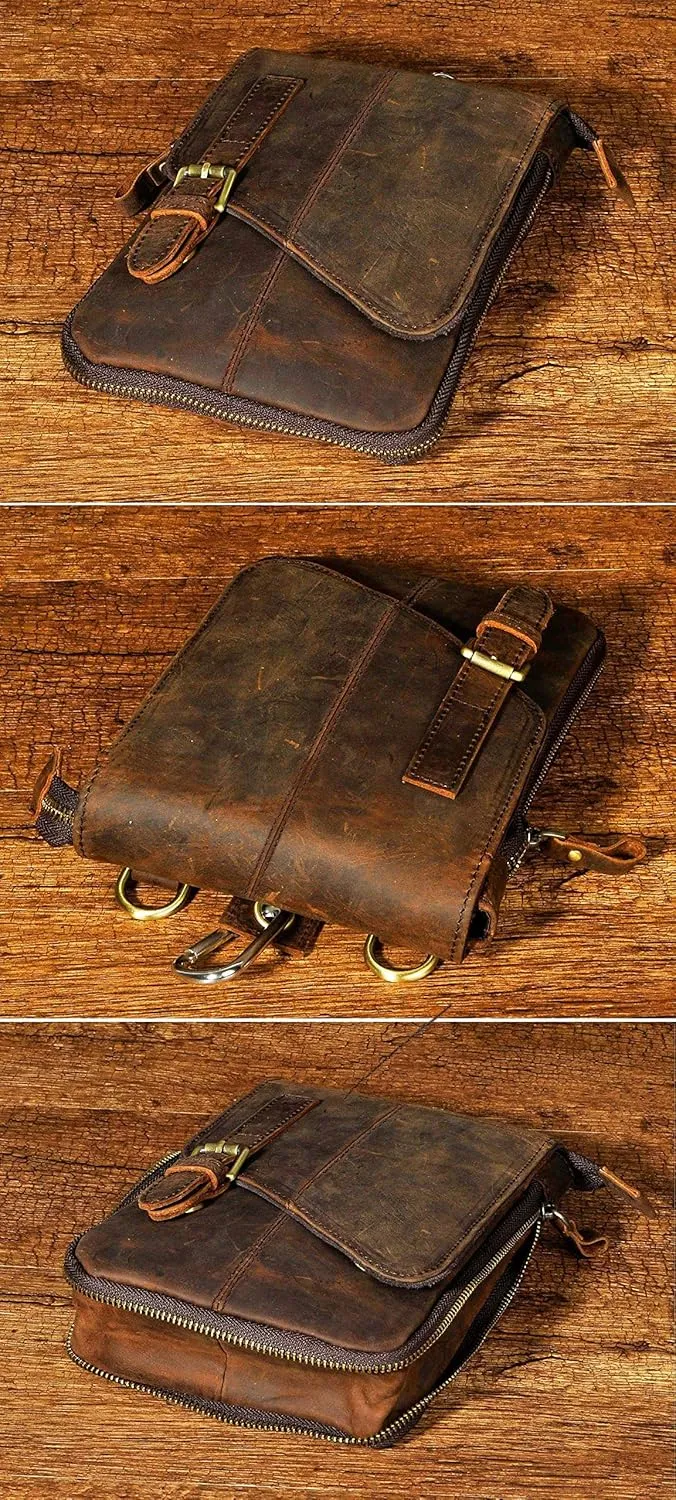 Le'aokuu Mens Genuine Leather Small Messenger Shoulder Satchel Phone Pouch Belt Fanny Waist Bag Pack