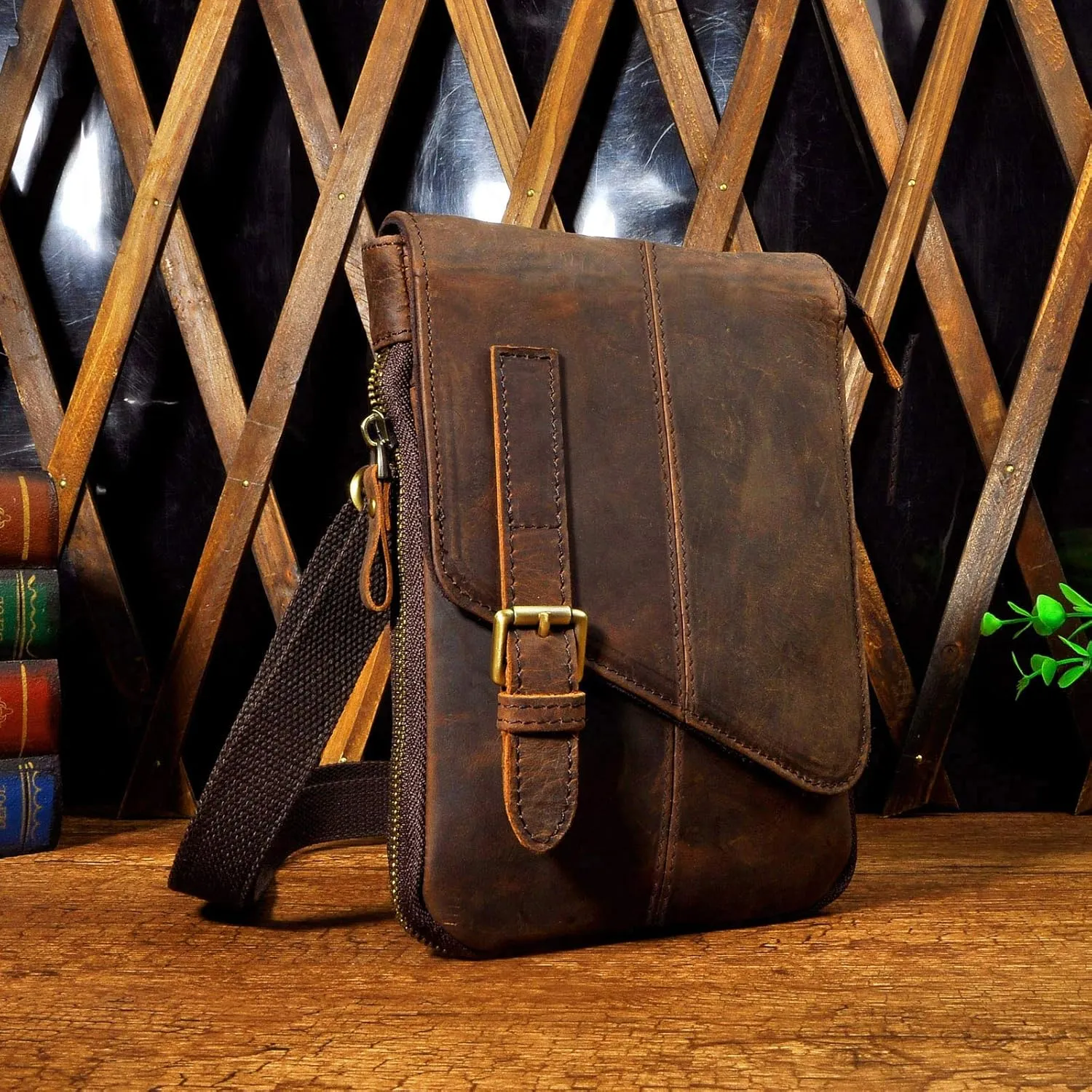 Le'aokuu Mens Genuine Leather Small Messenger Shoulder Satchel Phone Pouch Belt Fanny Waist Bag Pack