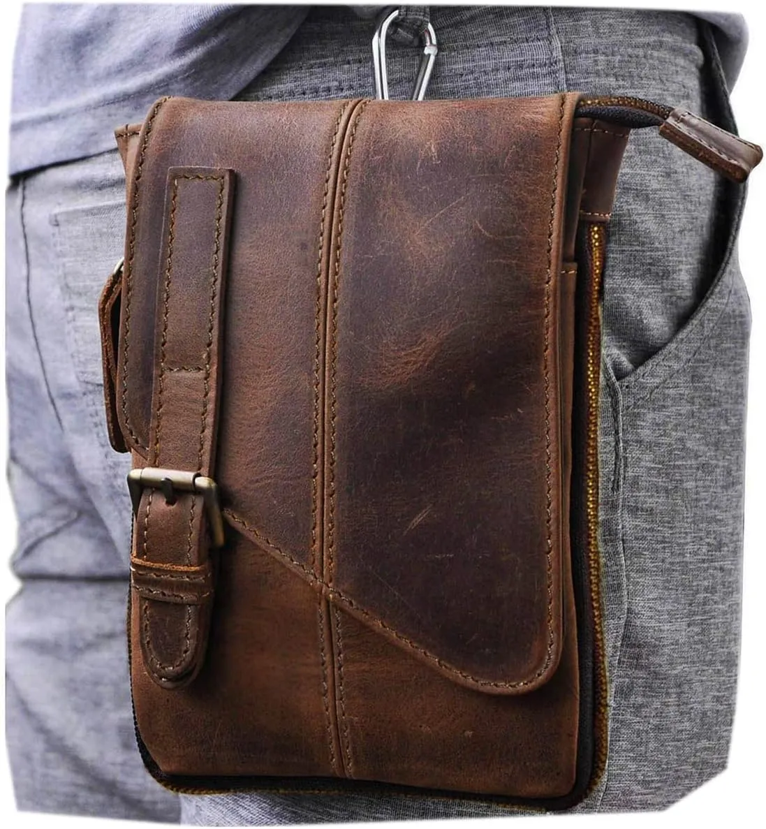 Le'aokuu Mens Genuine Leather Small Messenger Shoulder Satchel Phone Pouch Belt Fanny Waist Bag Pack