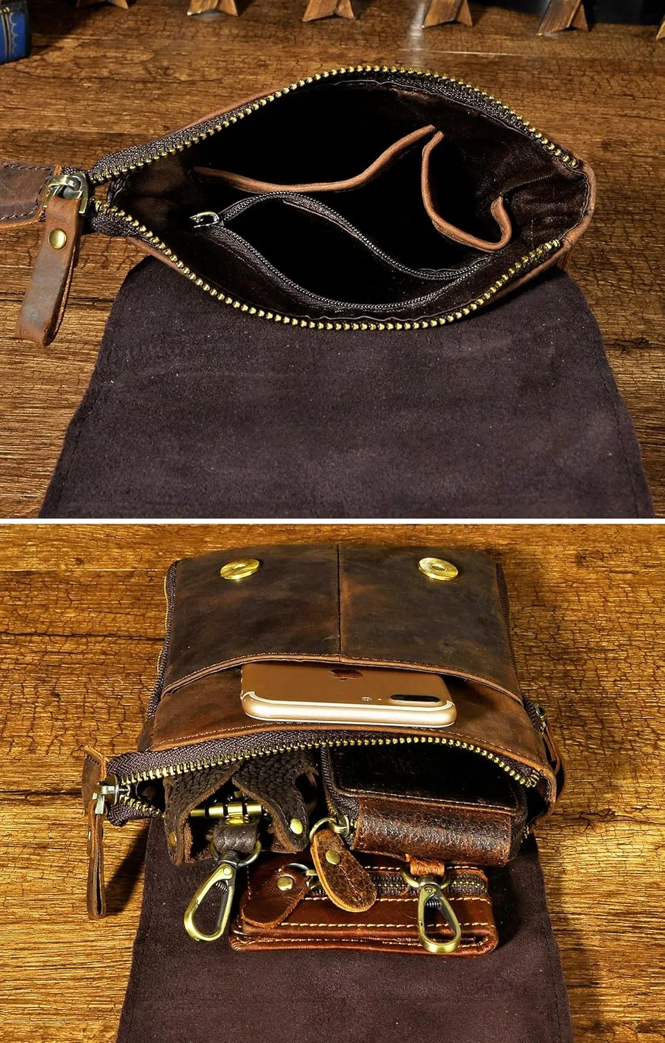 Le'aokuu Mens Genuine Leather Small Messenger Shoulder Satchel Phone Pouch Belt Fanny Waist Bag Pack