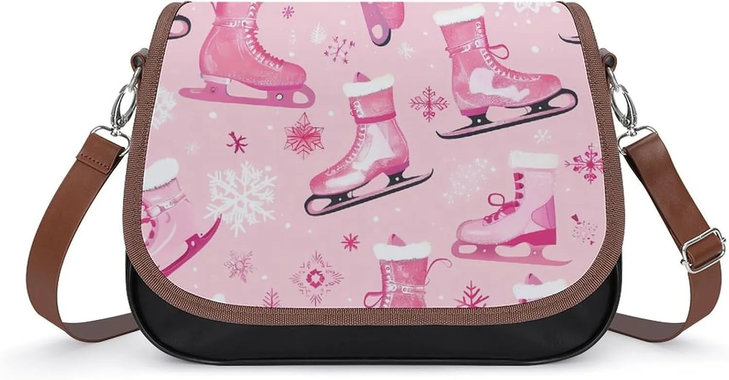 Leather Bag Figure Skate and Snowflake Print Women's Crossbody Bag Tote Shoulder Handbag Office Travel Pink 12.2"L x 8.7"W x 4.3"H