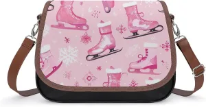 Leather Bag Figure Skate and Snowflake Print Women's Crossbody Bag Tote Shoulder Handbag Office Travel Pink 12.2"L x 8.7"W x 4.3"H