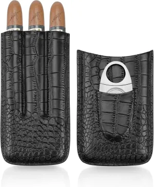 Leather Cigar Case with Cutter, Cedar Wood Lined Humidor, Portable Travel Case (Black)
