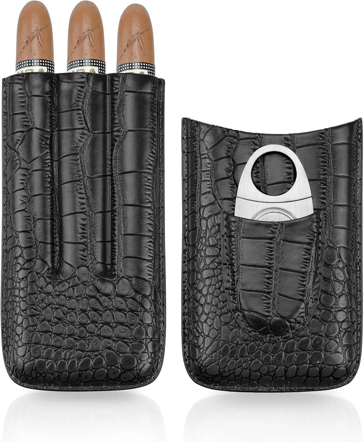 Leather Cigar Case with Cutter, Cedar Wood Lined Humidor, Portable Travel Case (Black)