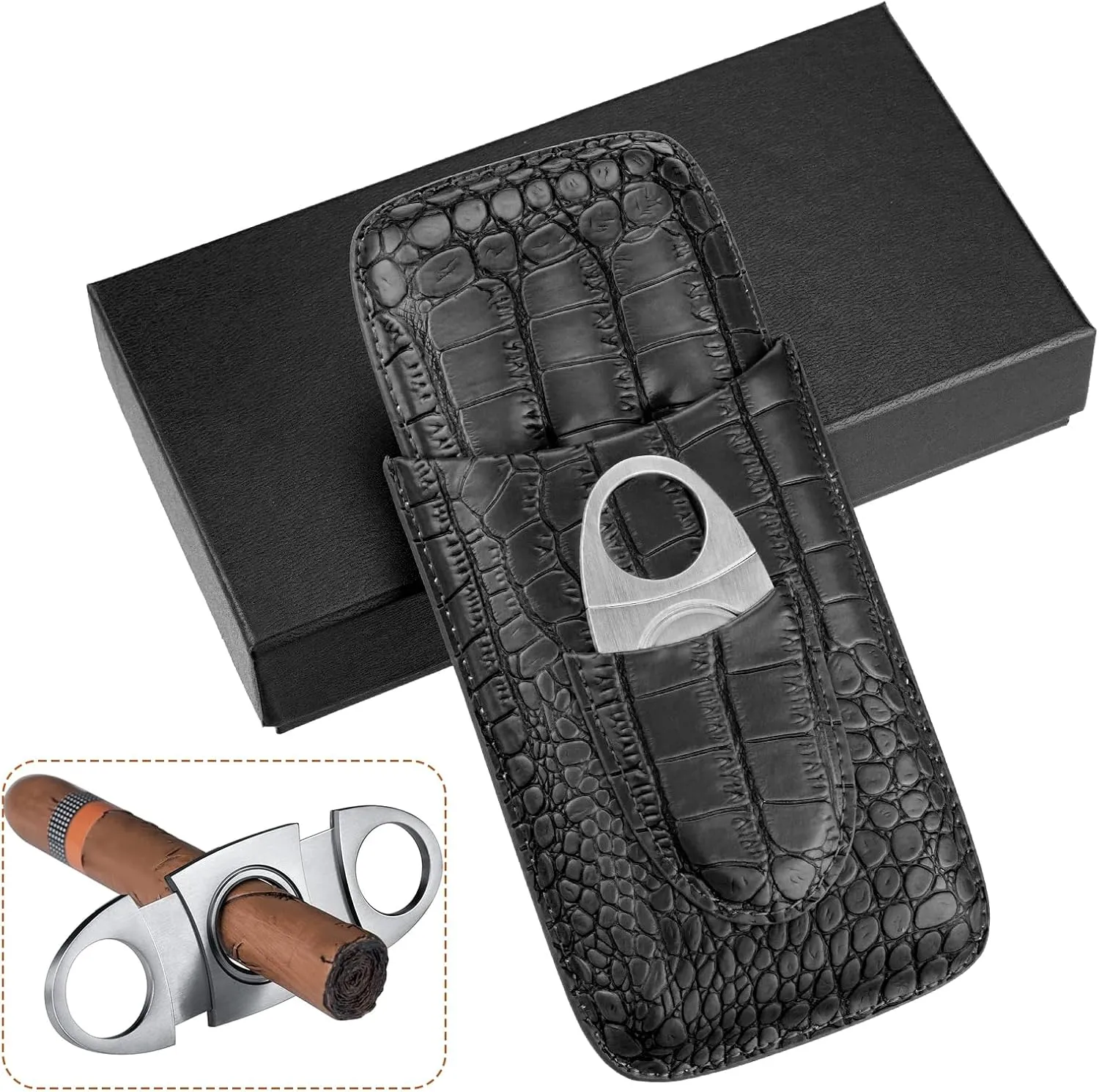 Leather Cigar Case with Cutter, Cedar Wood Lined Humidor, Portable Travel Case (Black)