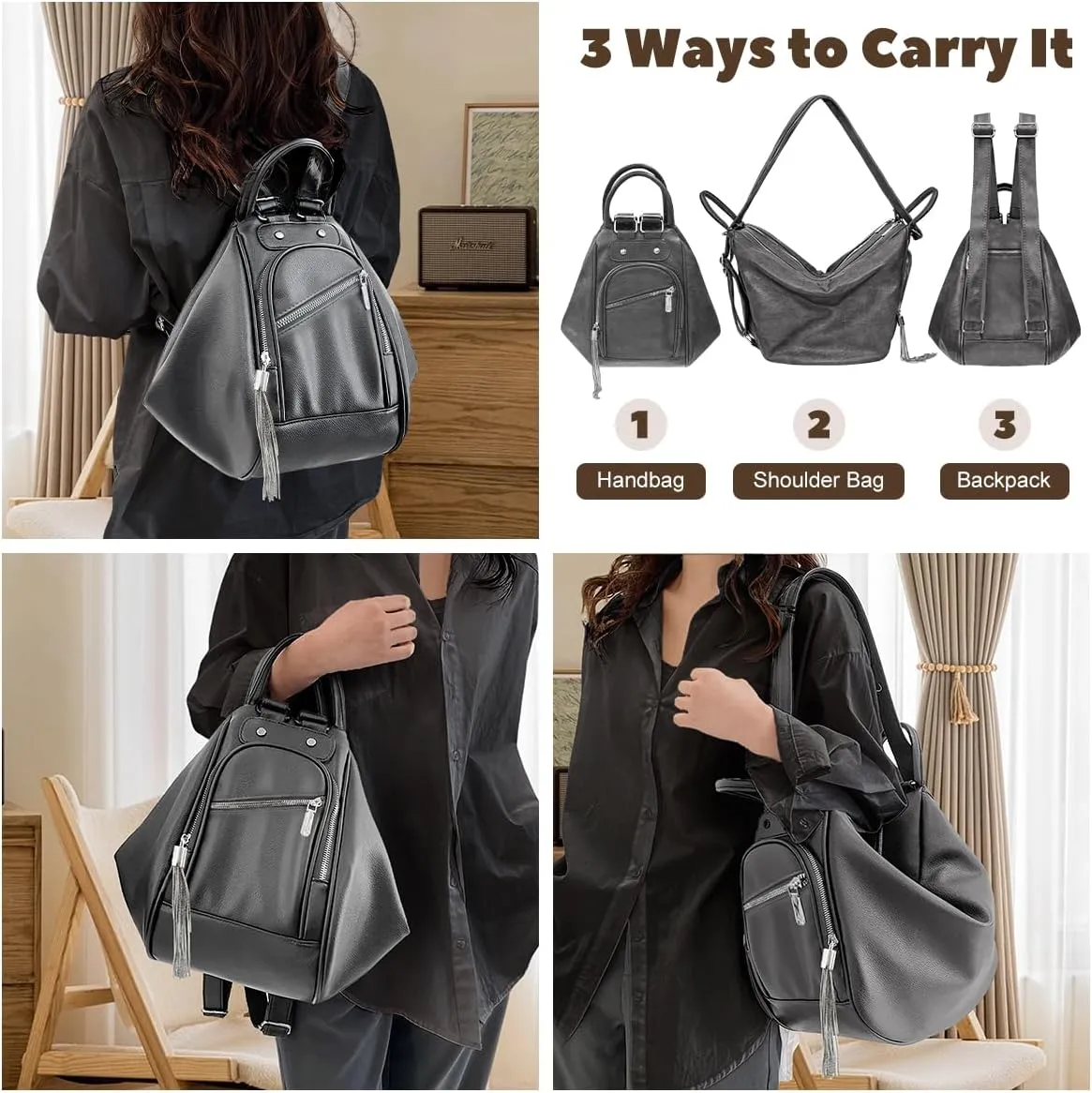 Leather Convertible Backpack Purse for Women, Waterproof Casual Crossbody Tote Backpack, Sling Bag for Women Shoulder Chest Waist Bag, Tassel Purse with Card Holder for Travel Hiking Daily Use Work