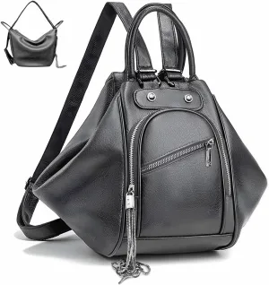 Leather Convertible Backpack Purse for Women, Waterproof Casual Crossbody Tote Backpack, Sling Bag for Women Shoulder Chest Waist Bag, Tassel Purse with Card Holder for Travel Hiking Daily Use Work