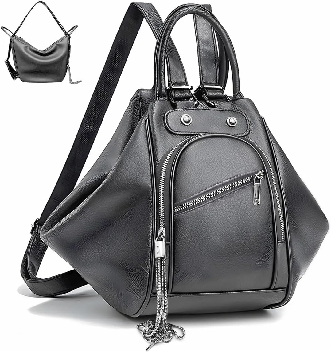 Leather Convertible Backpack Purse for Women, Waterproof Casual Crossbody Tote Backpack, Sling Bag for Women Shoulder Chest Waist Bag, Tassel Purse with Card Holder for Travel Hiking Daily Use Work