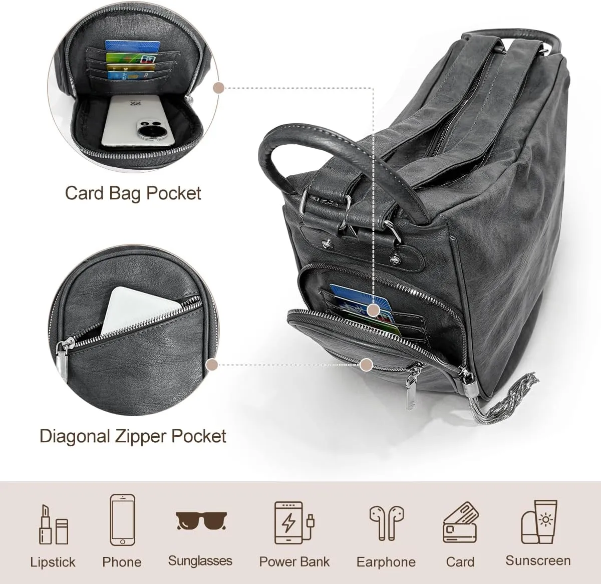 Leather Convertible Backpack Purse for Women, Waterproof Casual Crossbody Tote Backpack, Sling Bag for Women Shoulder Chest Waist Bag, Tassel Purse with Card Holder for Travel Hiking Daily Use Work