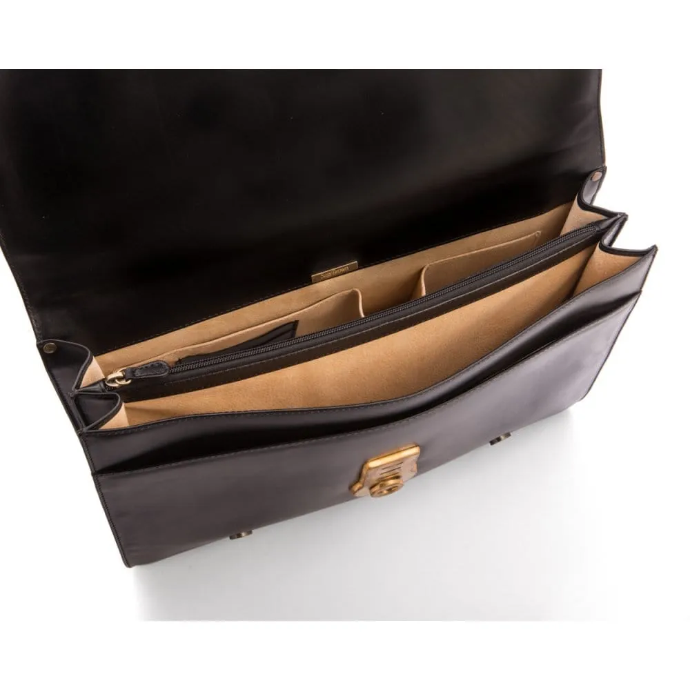 Leather Eton Briefcase With Solid Brass Lock - Black