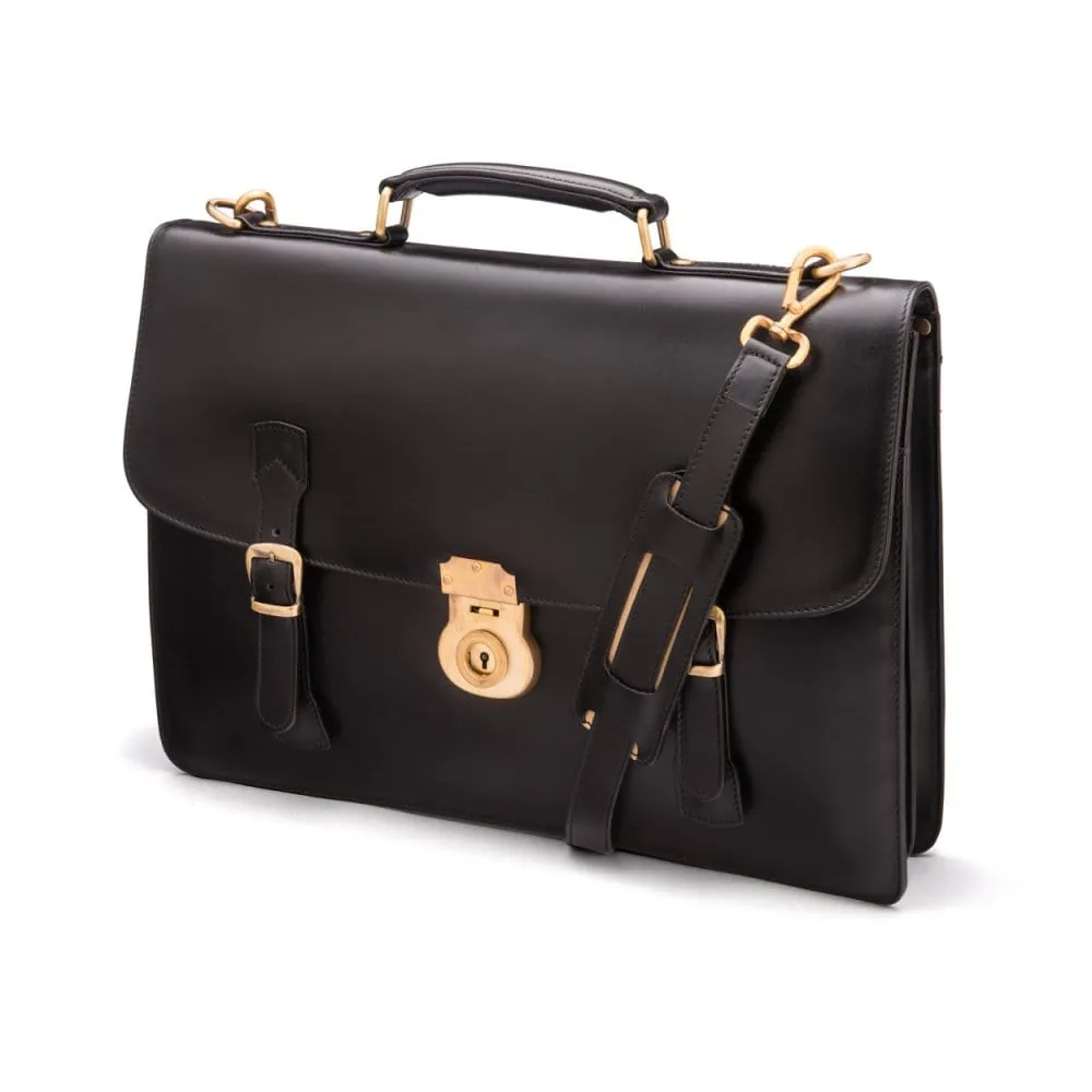 Leather Eton Briefcase With Solid Brass Lock - Black