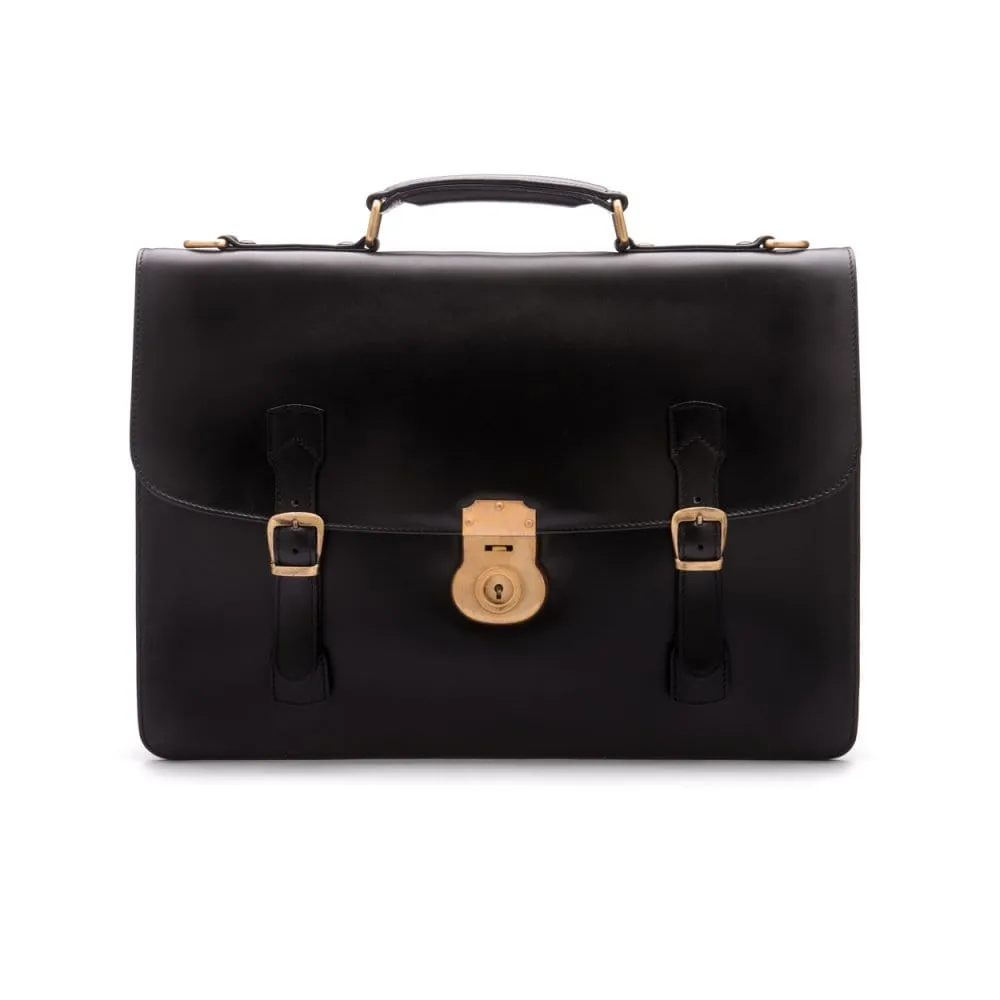 Leather Eton Briefcase With Solid Brass Lock - Black