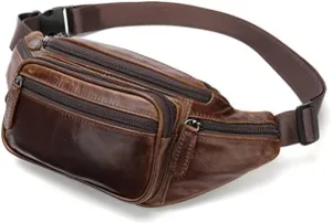 Leather Fanny Pack Waist Bag for Men Women Outdoor Travel Hiking Camping Walking Running Hip Bum Belt Slim Cell Phone Purse Wallet Pouch Coffee