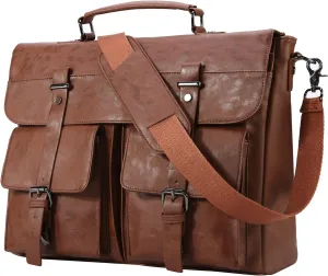 Leather Messenger Bag for Men, Vintage Laptop Briefcase Satchel, 17.3 Inch Computer Work Bag - Brown