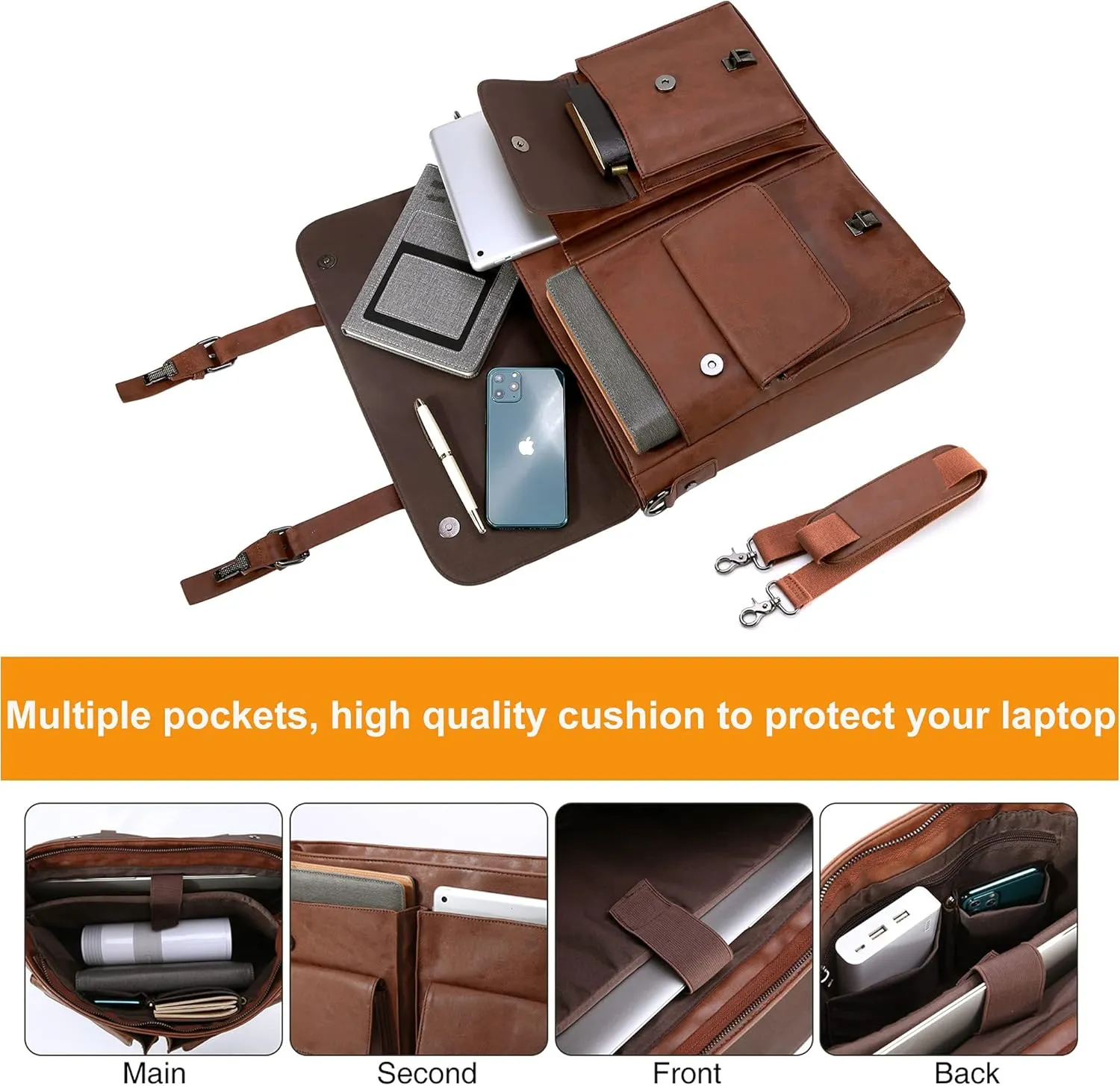 Leather Messenger Bag for Men, Vintage Laptop Briefcase Satchel, 17.3 Inch Computer Work Bag - Brown