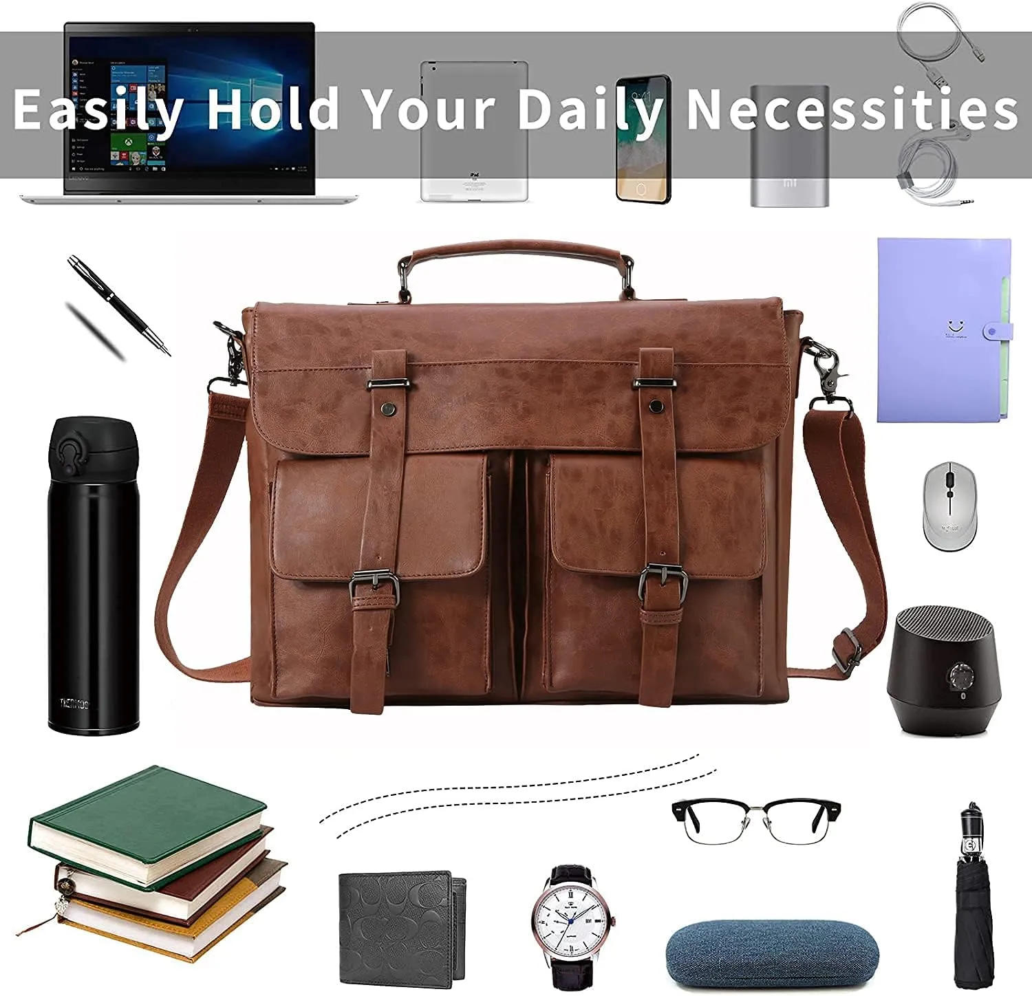 Leather Messenger Bag for Men, Vintage Laptop Briefcase Satchel, 17.3 Inch Computer Work Bag - Brown